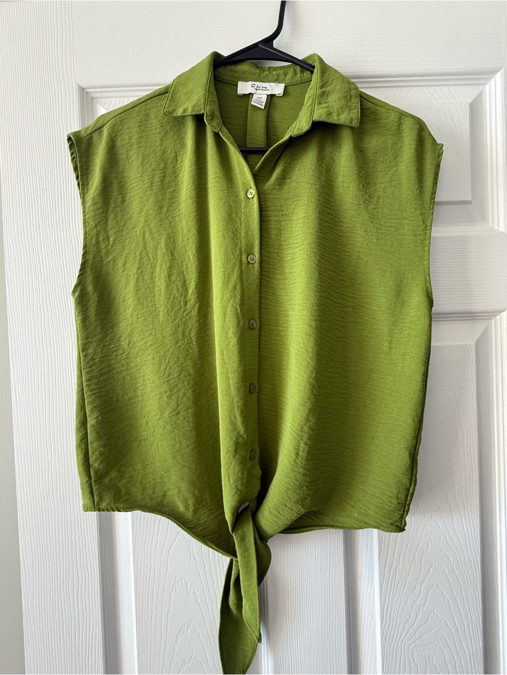 Sleeveless Button-Front Tie Blouse in Olive Green - Size S